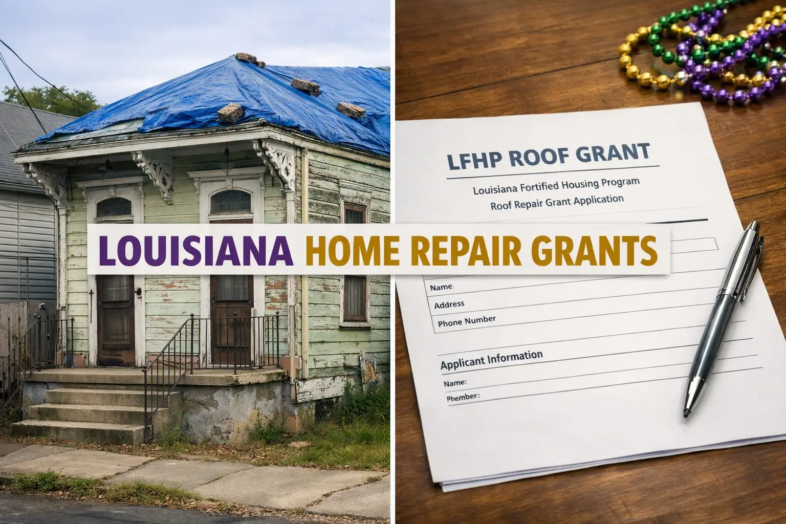 Split-screen image of a damaged New Orleans shotgun house and an LFHP roof grant application with Mardi Gras beads, purple and gold Louisiana Home Repair Grants text overlay.