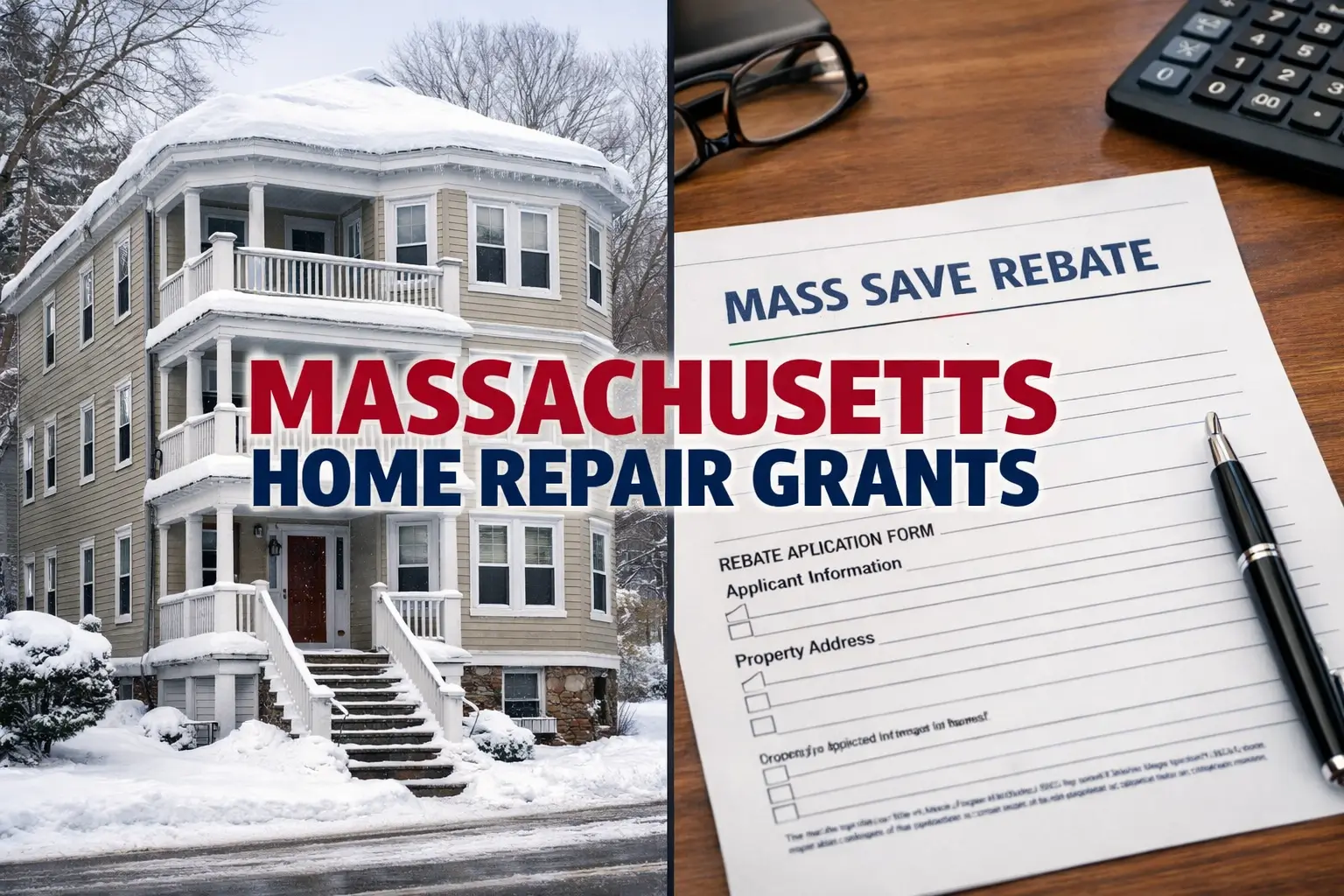 Massachusetts triple-decker home in winter next to Mass Save rebate document representing 2026 home repair grants and energy assistance