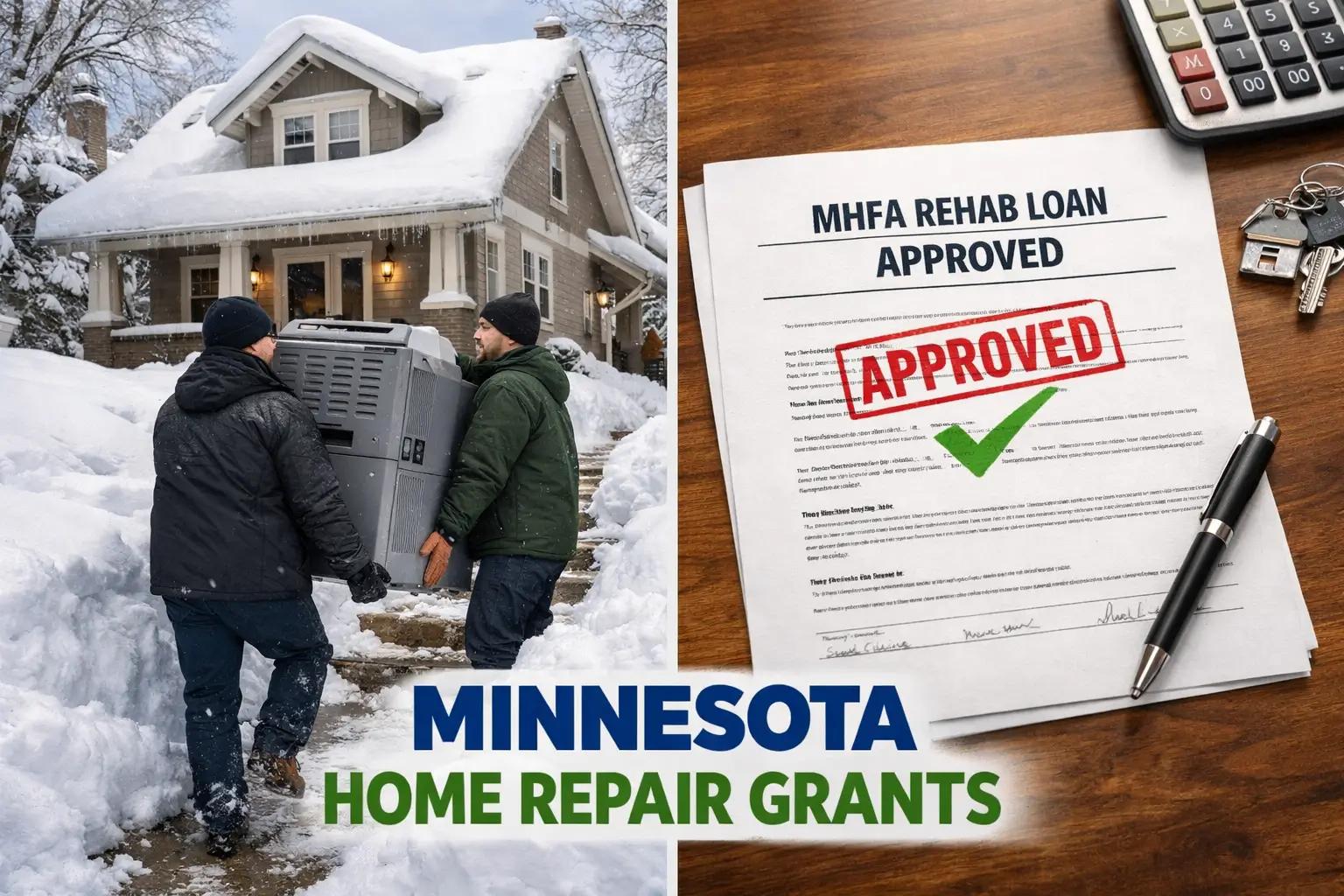 Split-screen image of a Minneapolis home in winter with a furnace installation and a document labeled MHFA Rehab Loan Approved representing Minnesota home repair grants.