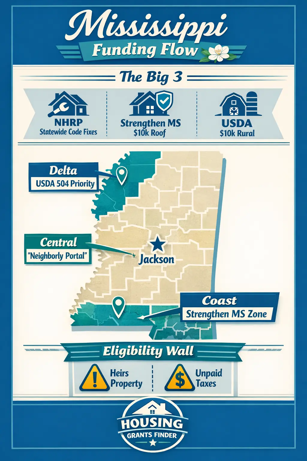 Mississippi funding flow infographic showing NHRP, Strengthen MS, USDA 504 grants and regional eligibility map
