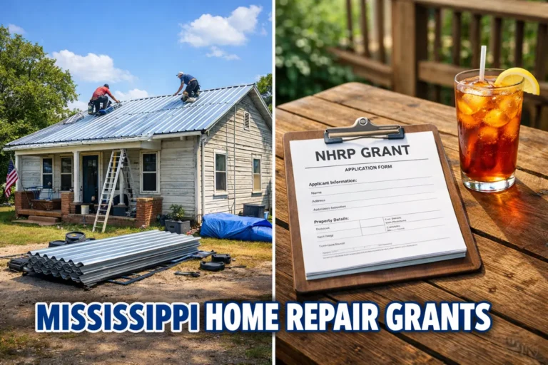 Mississippi Delta home with new metal roof installation and NHRP home repair grant document on porch table