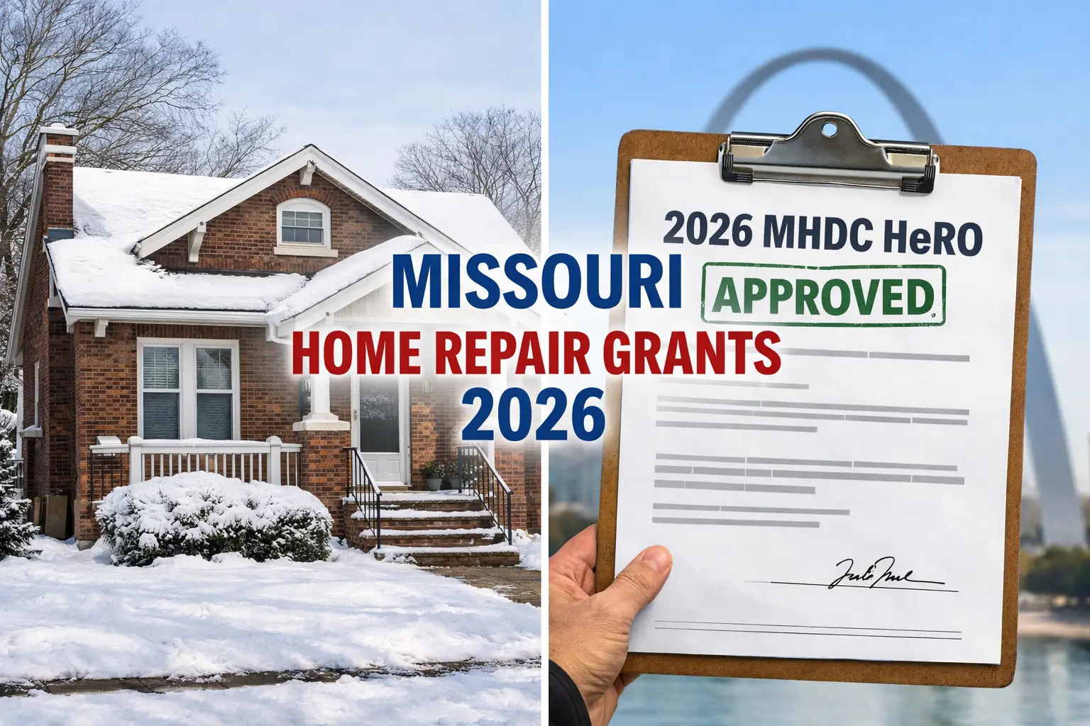 Missouri home in winter next to a 2026 MHDC HeRO approved home repair grant document with the Gateway Arch in the background