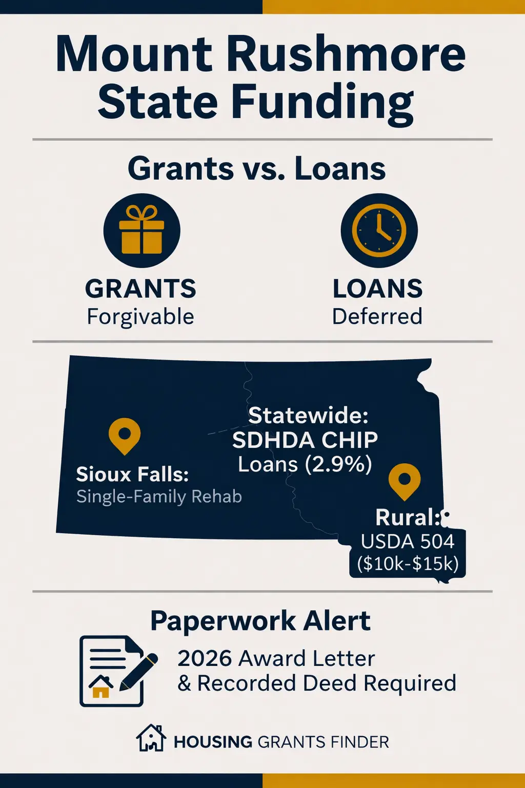 Infographic map of South Dakota showing Sioux Falls rehab program, SDHDA CHIP loans, USDA 504 rural grants, and paperwork requirements for 2026 home repair funding