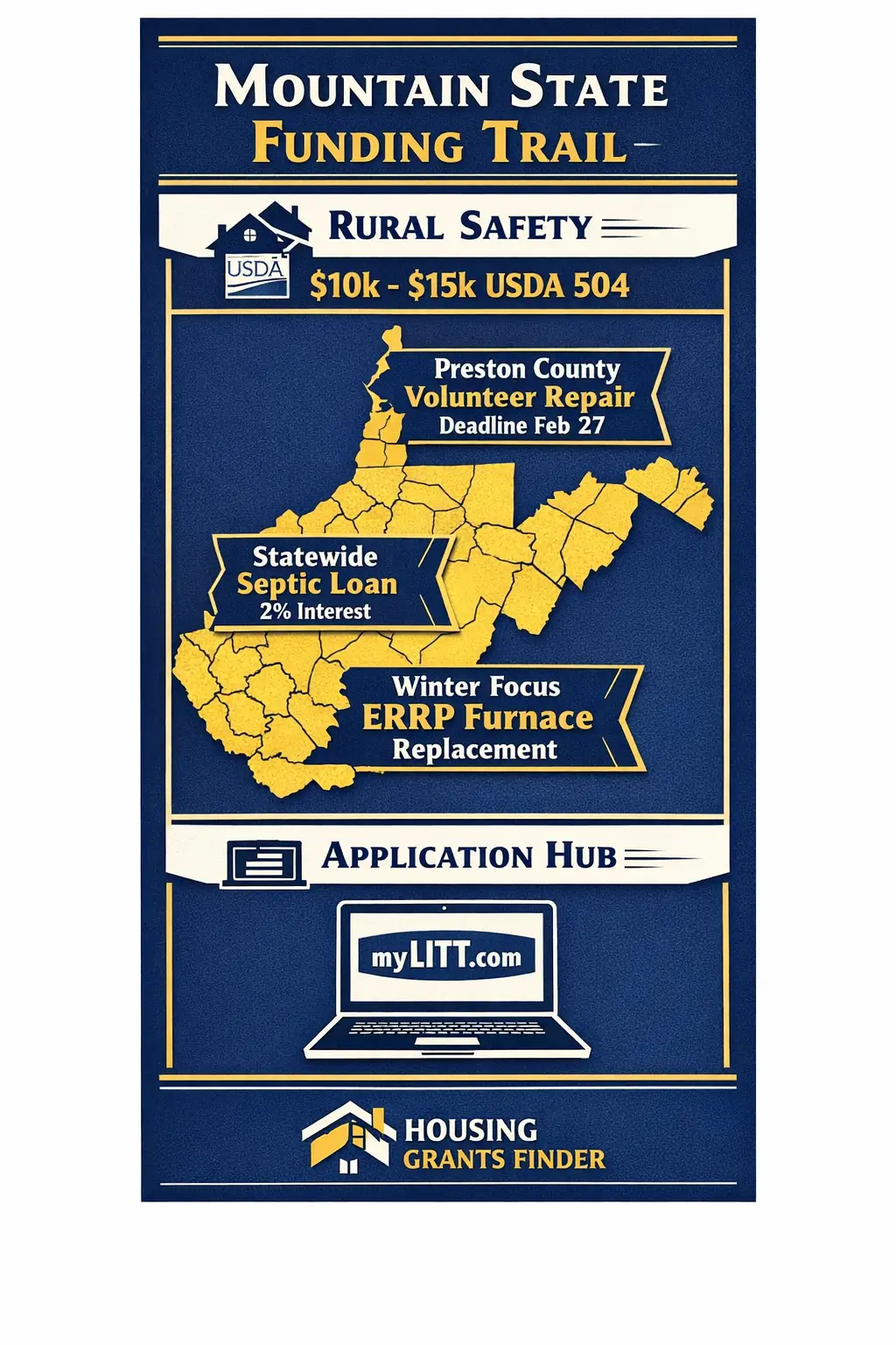 Vertical infographic titled Mountain State Funding Trail showing West Virginia map with Preston County volunteer repair deadline, statewide septic loan program, ERRP furnace replacement, and USDA 504 funding section.