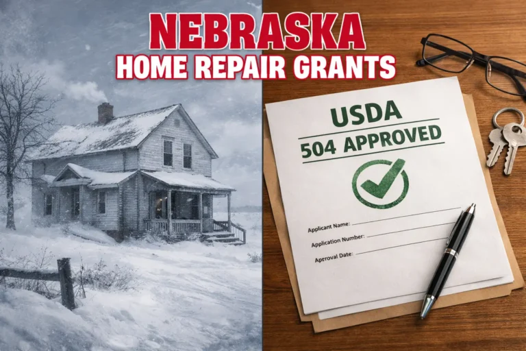 Split screen image showing a Nebraska home in a winter storm on the left and a USDA 504 Approved document on a table on the right with Nebraska Home Repair Grants text overlay.