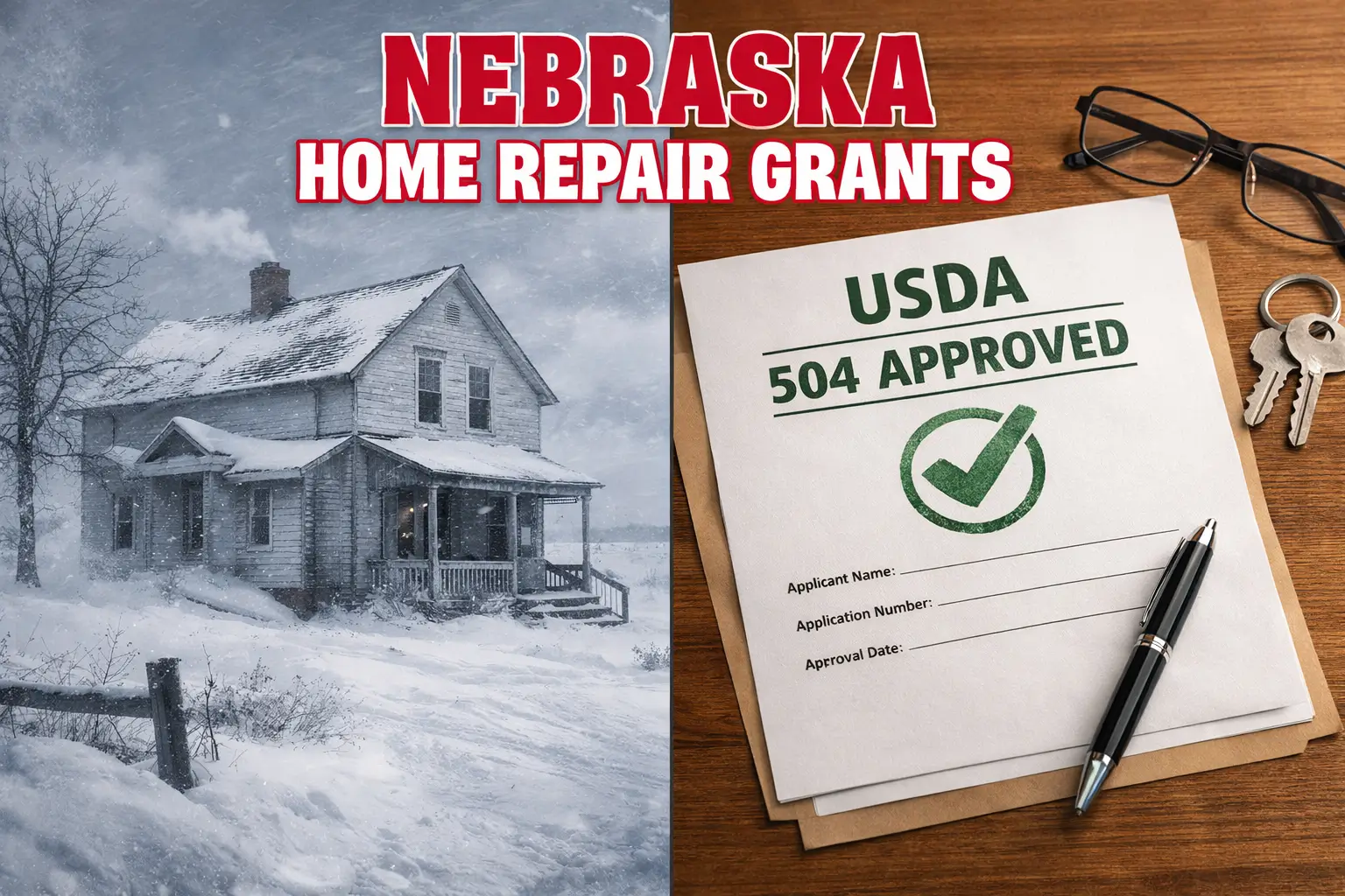 Split screen image showing a Nebraska home in a winter storm on the left and a USDA 504 Approved document on a table on the right with Nebraska Home Repair Grants text overlay.
