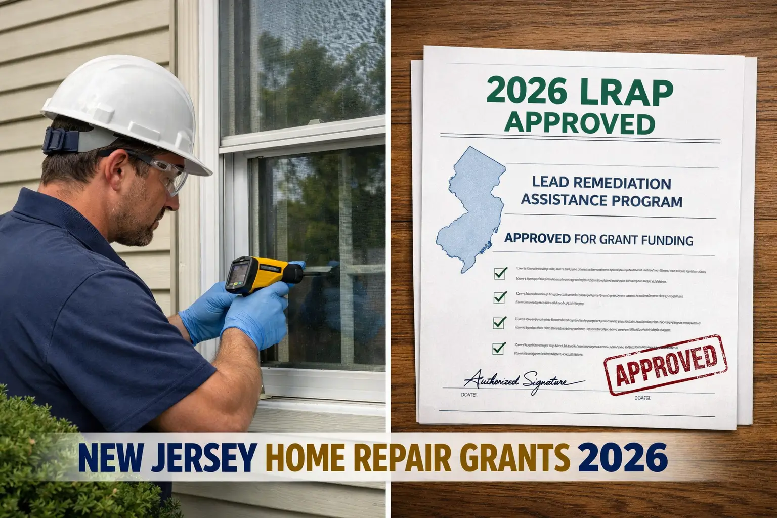 Contractor testing a New Jersey home window for lead paint next to a document labeled “2026 LRAP APPROVED” with a New Jersey outline