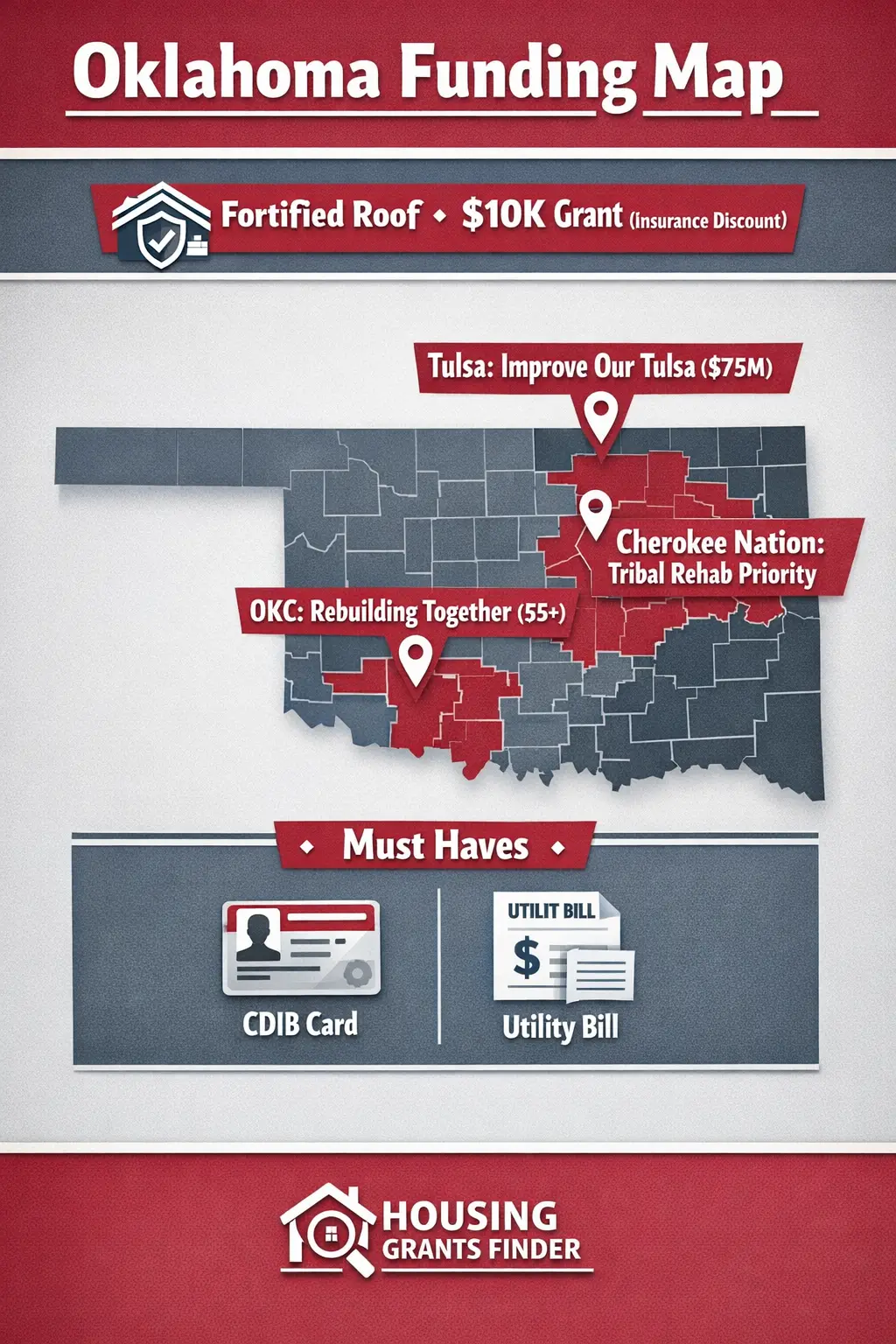 Vertical Oklahoma Funding Map infographic showing Fortified Roof $10K grant, Tulsa $75M program, OKC 55+ rebuilding aid, Cherokee Nation rehab priority, and required CDIB card and utility bill.