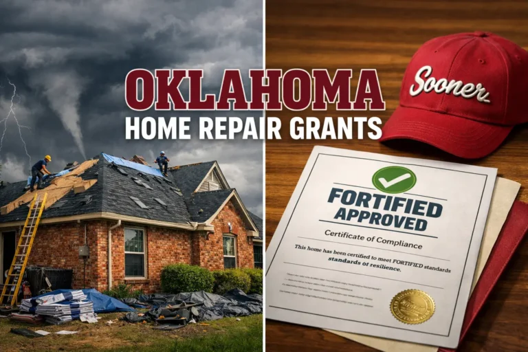 Split-screen image of an Oklahoma brick home getting a new roof during a storm and a Fortified Approved certificate with a crimson hat, promoting Oklahoma home repair grants.