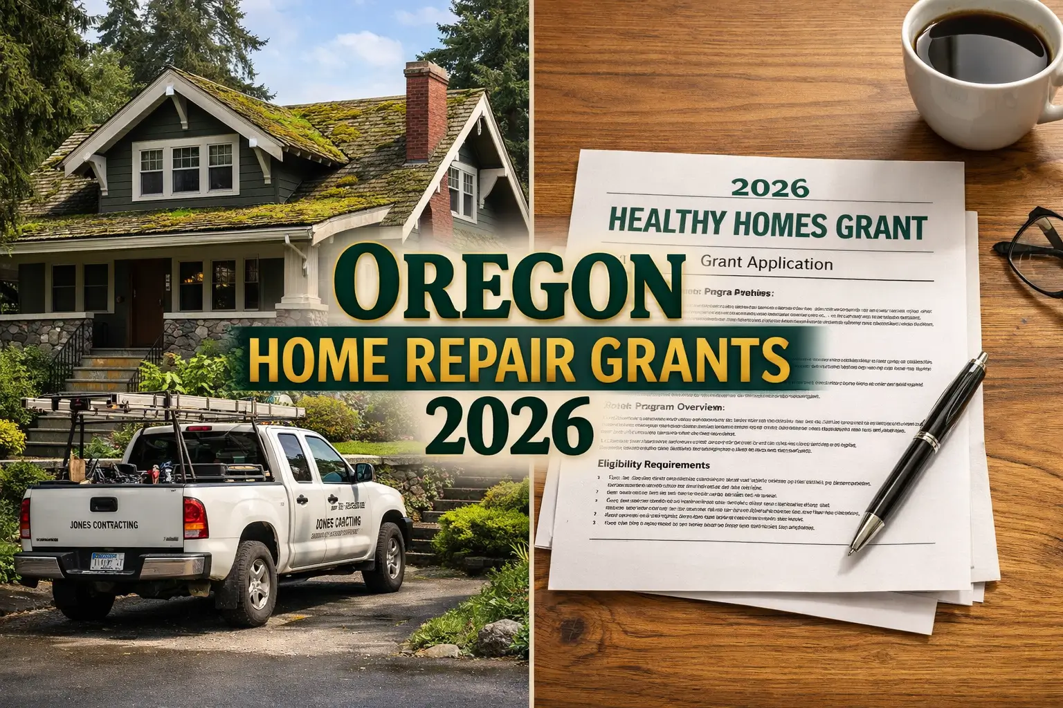Oregon home repair grants 2026 showing a Portland craftsman house and Healthy Homes Grant document for radon, lead, and cooling assistance
