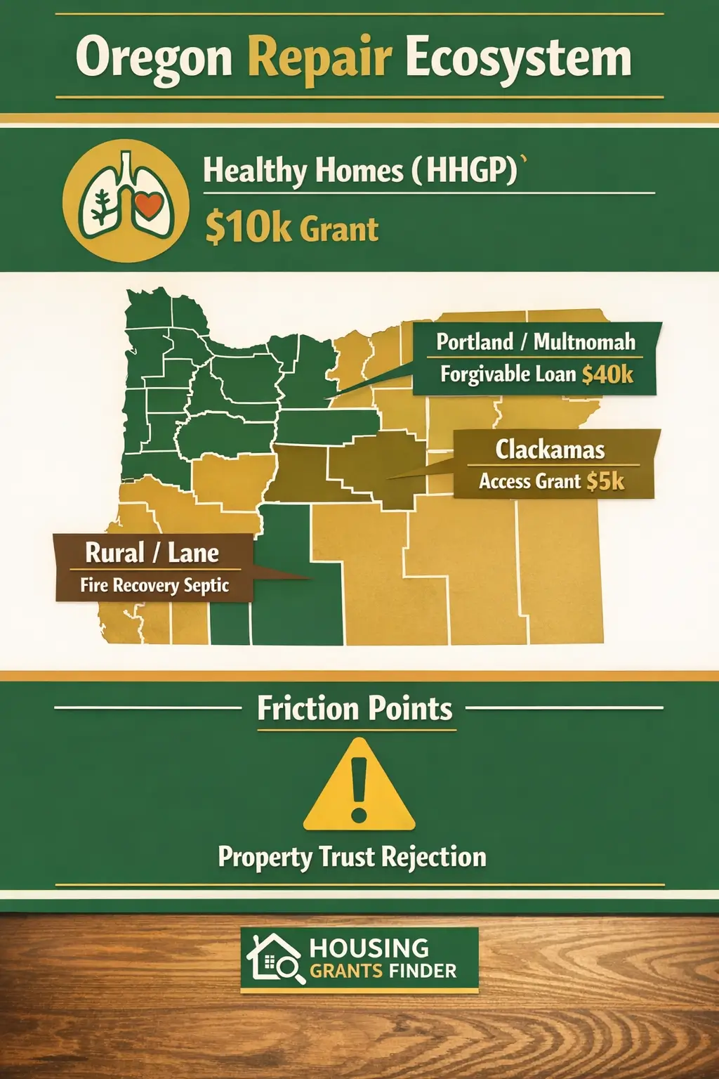 Oregon repair ecosystem infographic showing Healthy Homes grant, Multnomah forgivable loan, Clackamas access grant, and Lane County fire recovery programs 2026