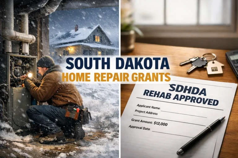 Contractor repairing furnace in snowy South Dakota home next to SDHDA rehab approved home repair grant document