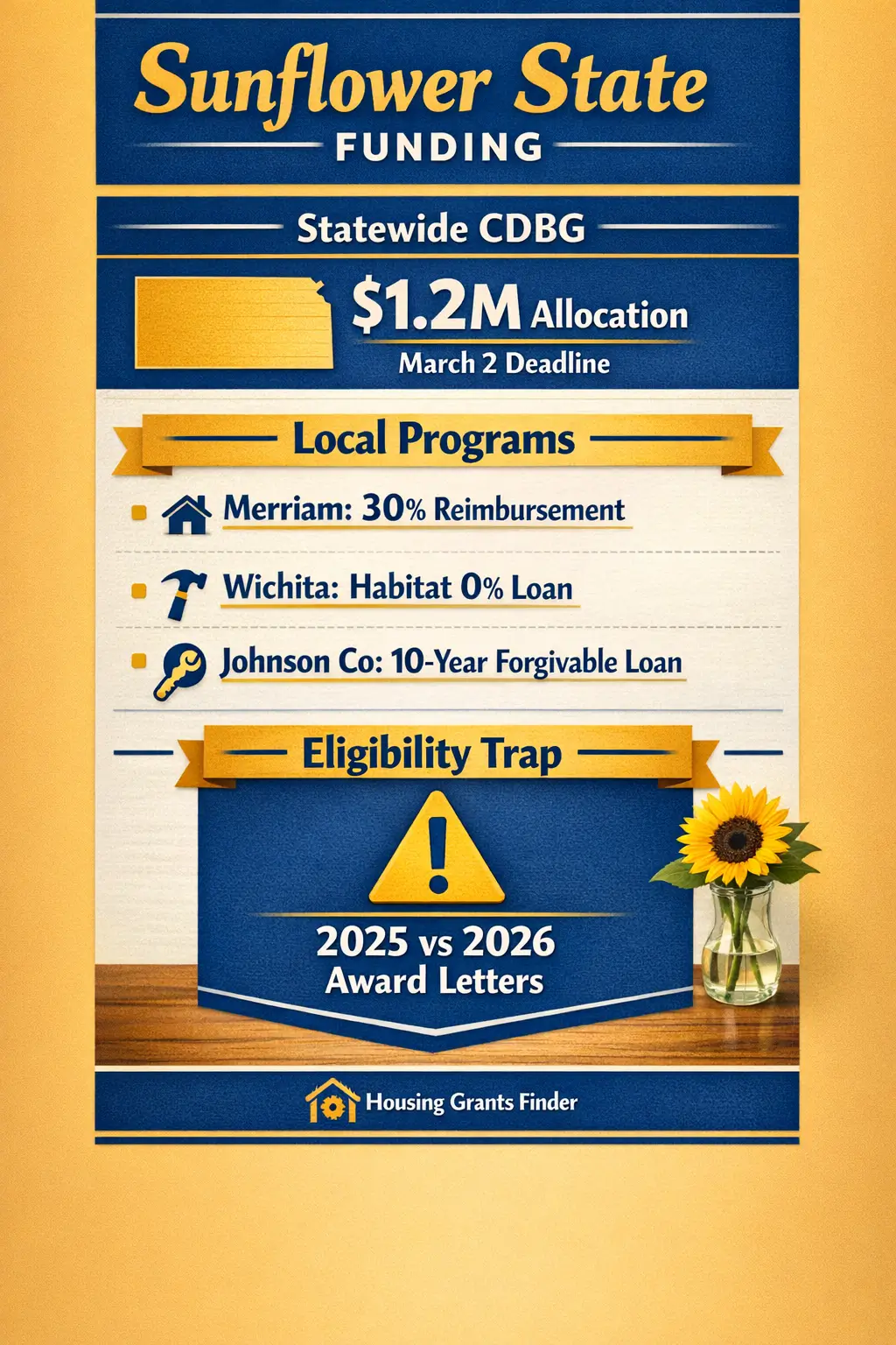 Vertical infographic titled Sunflower State Funding showing Kansas CDBG allocation, local home repair programs in Merriam, Wichita and Johnson County, and eligibility warning for 2026 housing grants.