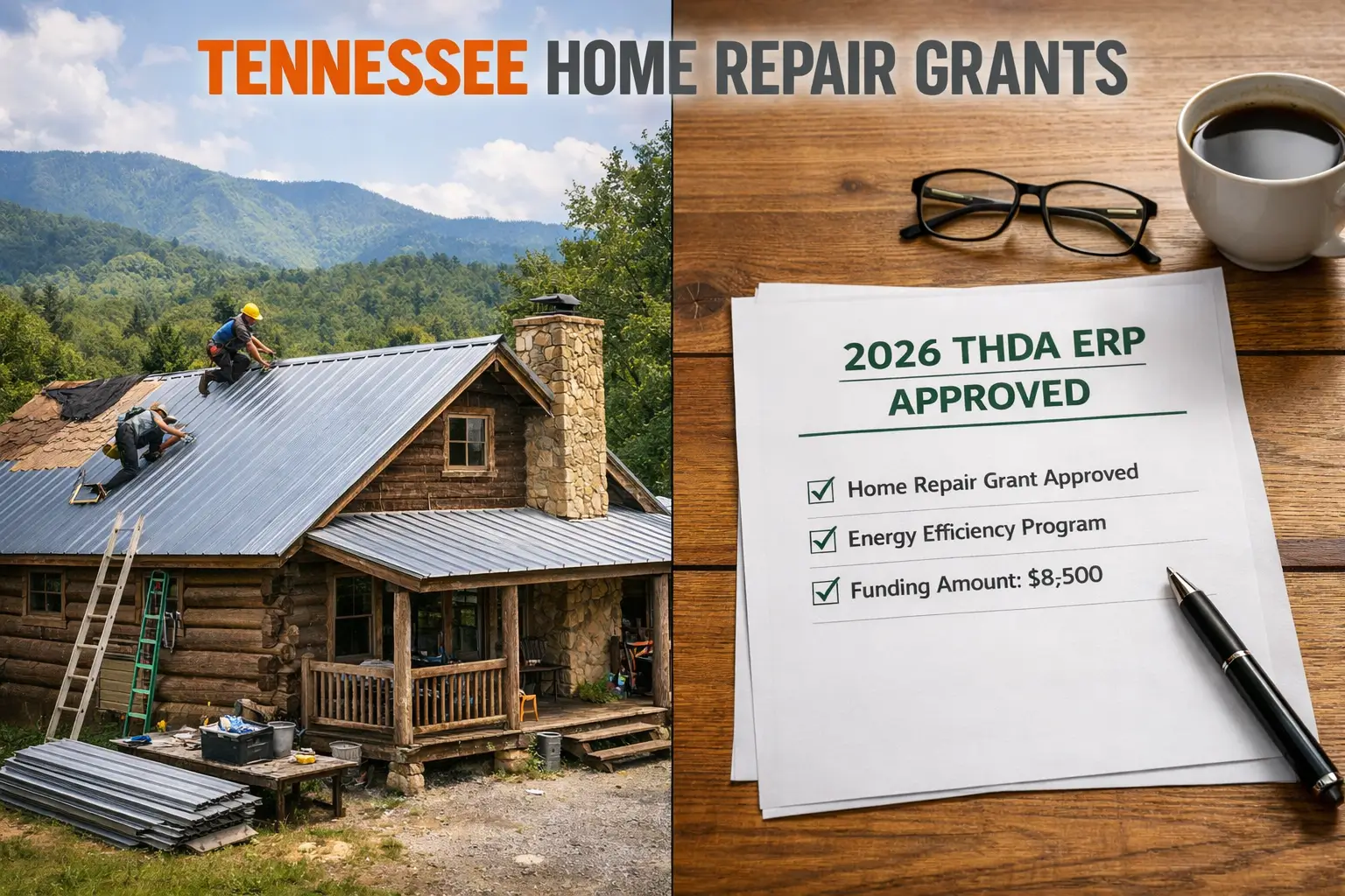Split screen showing a Tennessee Smoky Mountains cabin with a new metal roof being installed and a document labeled “2026 THDA ERP APPROVED” on a wooden table.