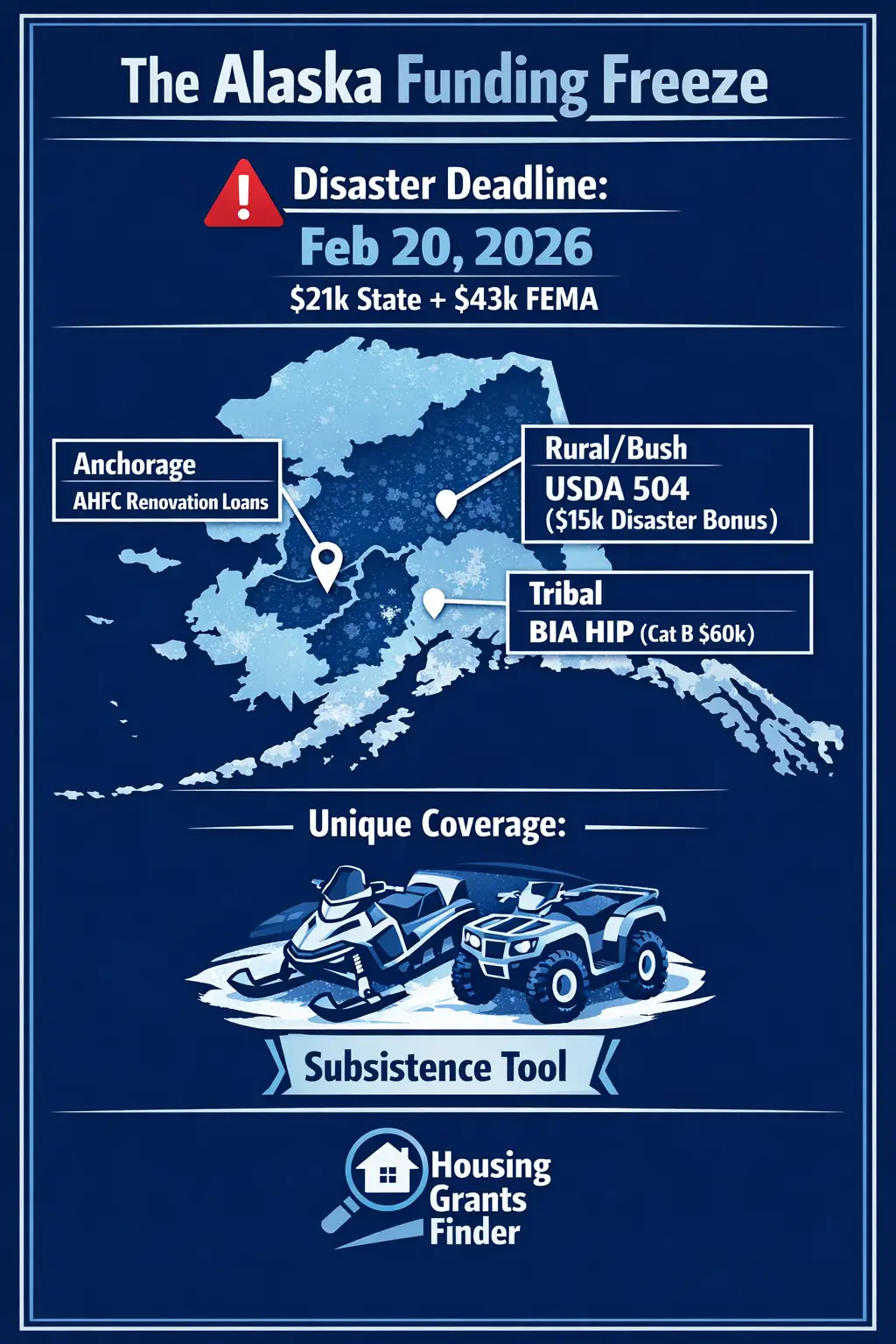 Infographic titled The Alaska Funding Freeze showing February 20 2026 disaster deadline, Alaska housing grant programs, USDA 504 disaster bonus, BIA HIP tribal funding, and snowmachine subsistence coverage.
