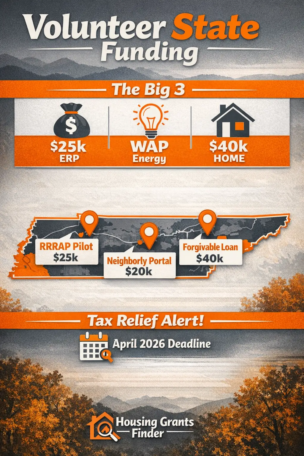 Vertical infographic titled “Volunteer State Funding” showing the Big 3 programs (ERP $25k, WAP energy, HOME $40k), a Tennessee map with Memphis, Nashville, and Knoxville callouts, and a “Tax Relief Alert” for an April 2026 deadline.