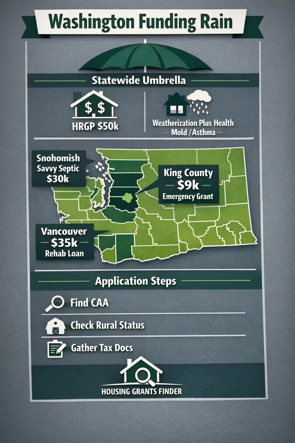 Vertical infographic titled Washington Funding Rain showing statewide and county-level home repair grants in Washington, including HRGP, Weatherization Plus Health, and county funding amounts with application steps.