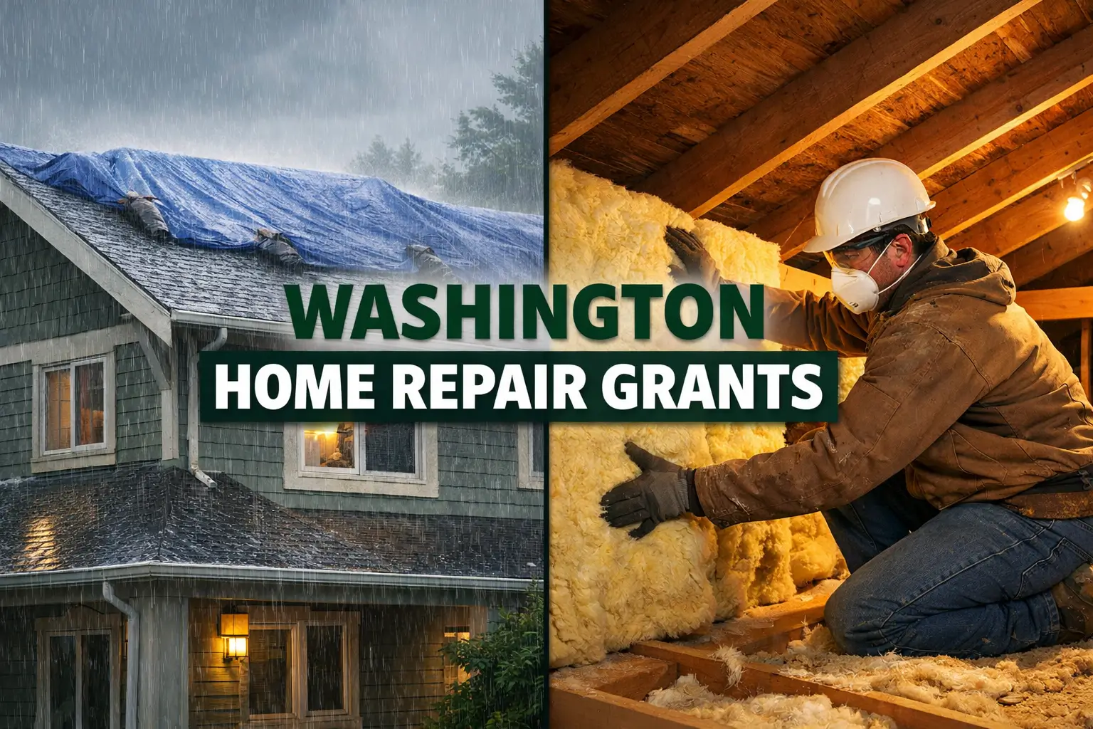 Split-screen image of a Washington home in heavy rain with a roof tarp and a contractor installing attic insulation, representing Washington home repair grants and weatherization programs.