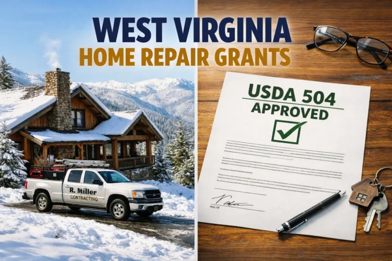Split-screen image showing a snowy West Virginia mountain home with contractor truck on the left and a USDA 504 approved document on a wooden table on the right representing home repair grants.