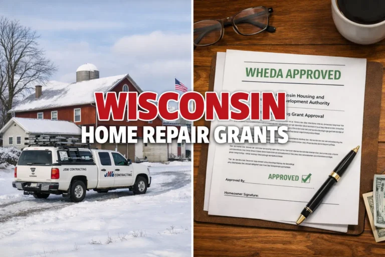 Split-screen image of a snowy Wisconsin farmhouse with contractor truck and a WHEDA approved document on a desk with bold Wisconsin Home Repair Grants text.