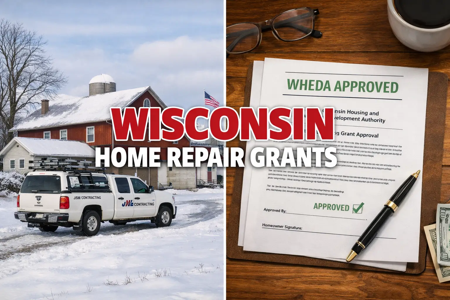 Split-screen image of a snowy Wisconsin farmhouse with contractor truck and a WHEDA approved document on a desk with bold Wisconsin Home Repair Grants text.