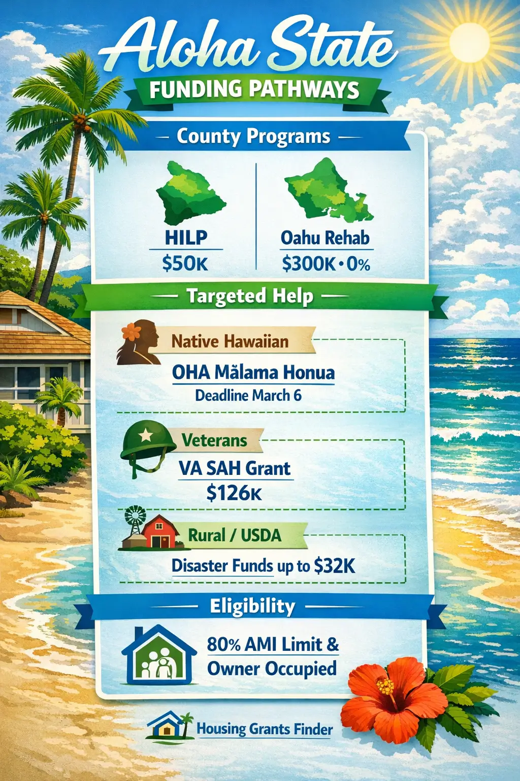 Aloha State Funding Pathways infographic showing Hawaii county repair programs, OHA Mālama Honua grant, VA SAH grant, USDA disaster funds, and 80 percent AMI eligibility rules.