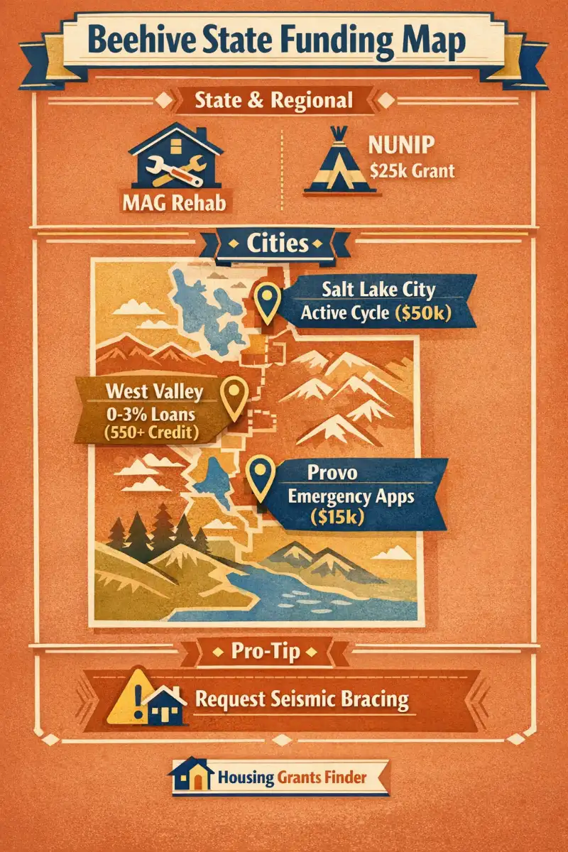 Utah home repair grants funding map infographic showing state programs MAG Rehab and NUNIP and city repair grants for Salt Lake City, Provo, and West Valley homeowners.