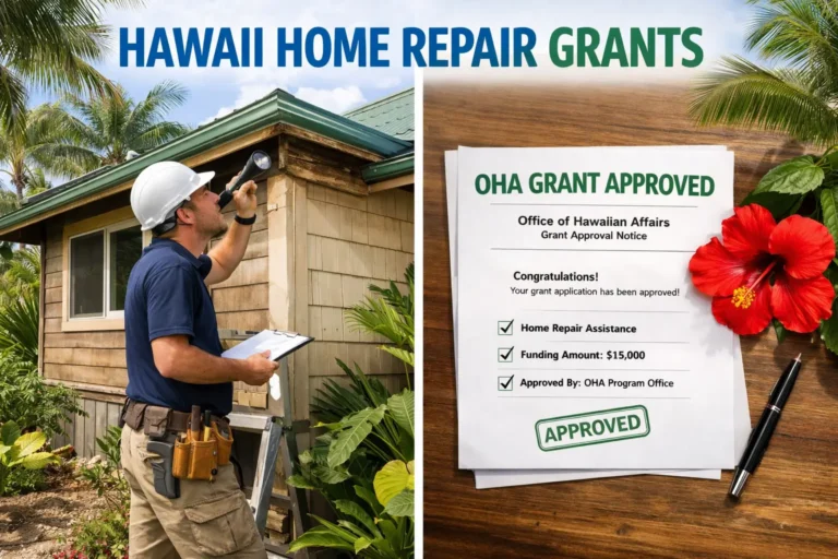 Contractor inspecting a tropical Hawaii home roof for salt and termite damage next to an approved OHA home repair grant document with hibiscus flower.