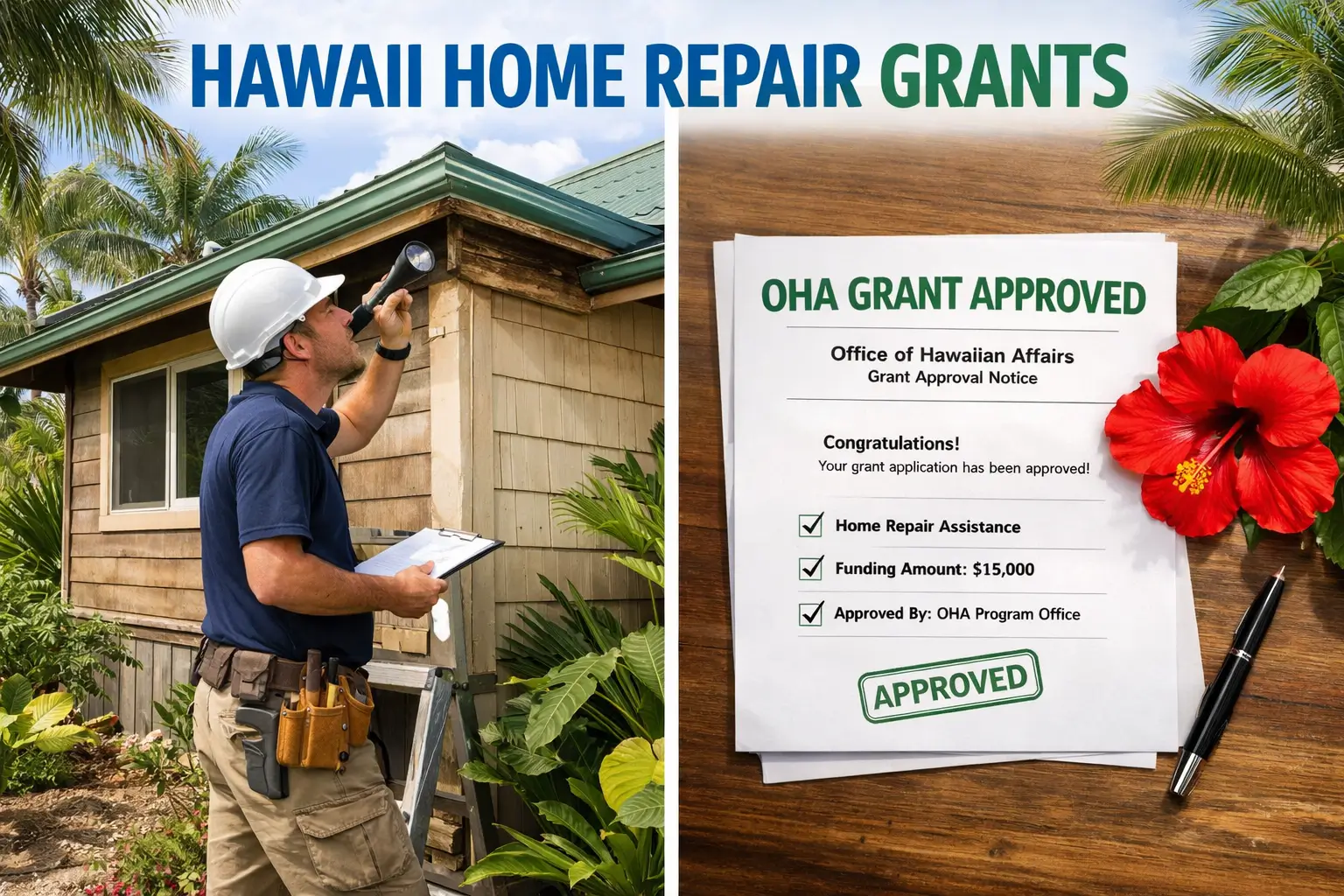 Contractor inspecting a tropical Hawaii home roof for salt and termite damage next to an approved OHA home repair grant document with hibiscus flower.