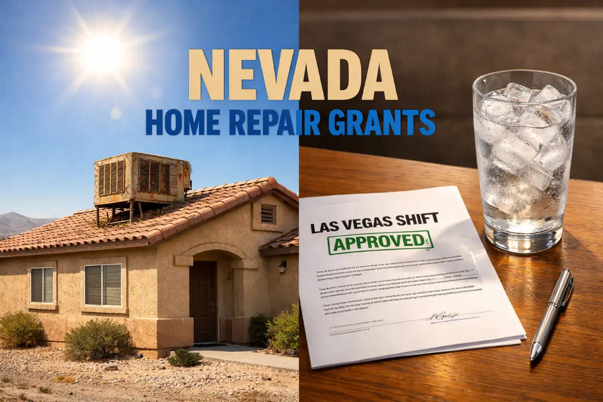 Nevada home under desert sun with old AC unit and approved Las Vegas SHIFT document representing home repair grants in Nevada