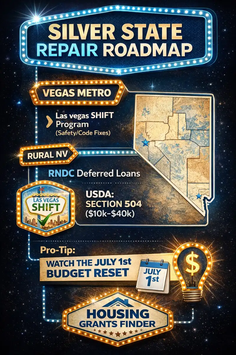 Nevada home repair roadmap infographic showing Las Vegas SHIFT program, rural loans, and USDA Section 504 grant details