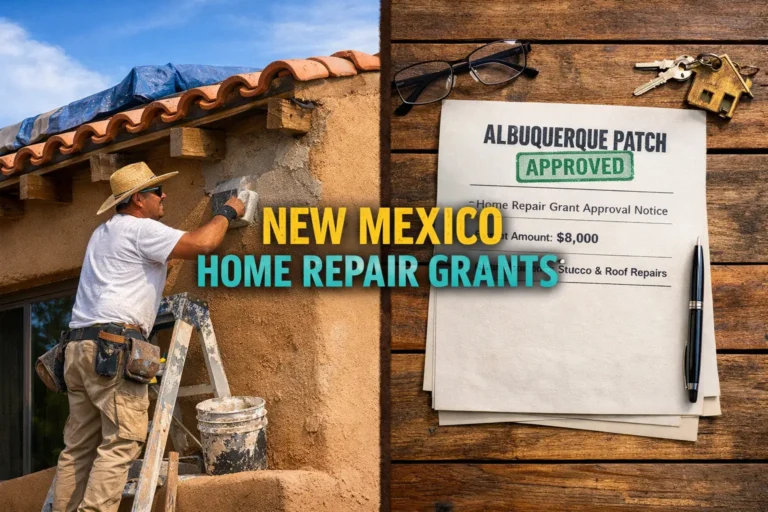 Contractor fixing adobe home in New Mexico alongside approved housing repair grant document Albuquerque PATCH program
