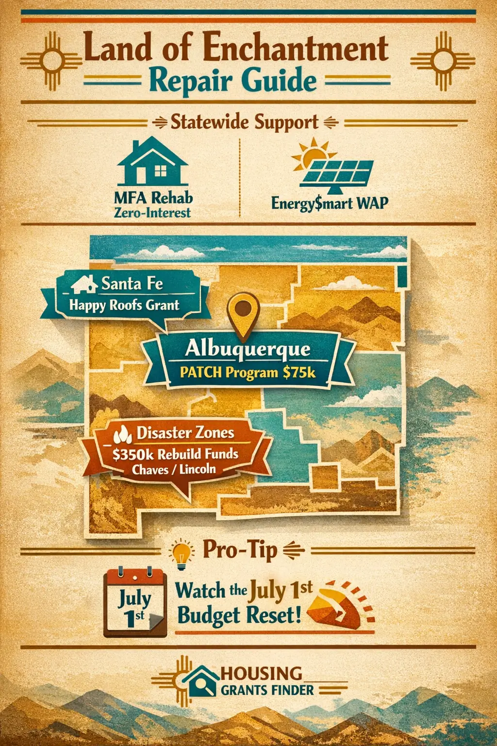 New Mexico home repair grants infographic showing Albuquerque PATCH Santa Fe roof grants and disaster rebuild funding map