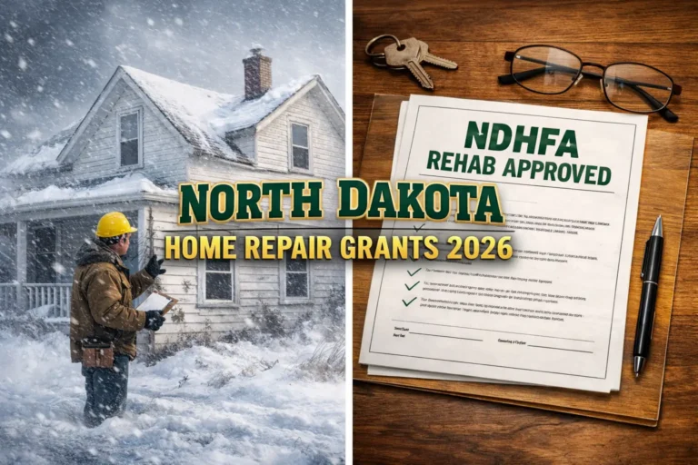 North Dakota home repair grants 2026 approval document and prairie home inspection during winter storm