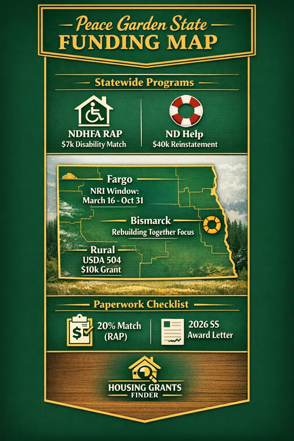 North Dakota housing grants infographic showing NDHFA RAP ND Help Fargo Bismarck and USDA 504 funding programs
