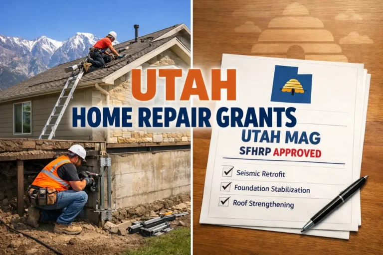 Utah home repair grants infographic showing contractor performing seismic retrofit and roof repair with approved Utah MAG SFHRP grant document for foundation stabilization and roof strengthening.