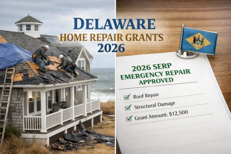 Split-screen image of Delaware coastal home roof repair and approved SERP emergency repair grant document 2026