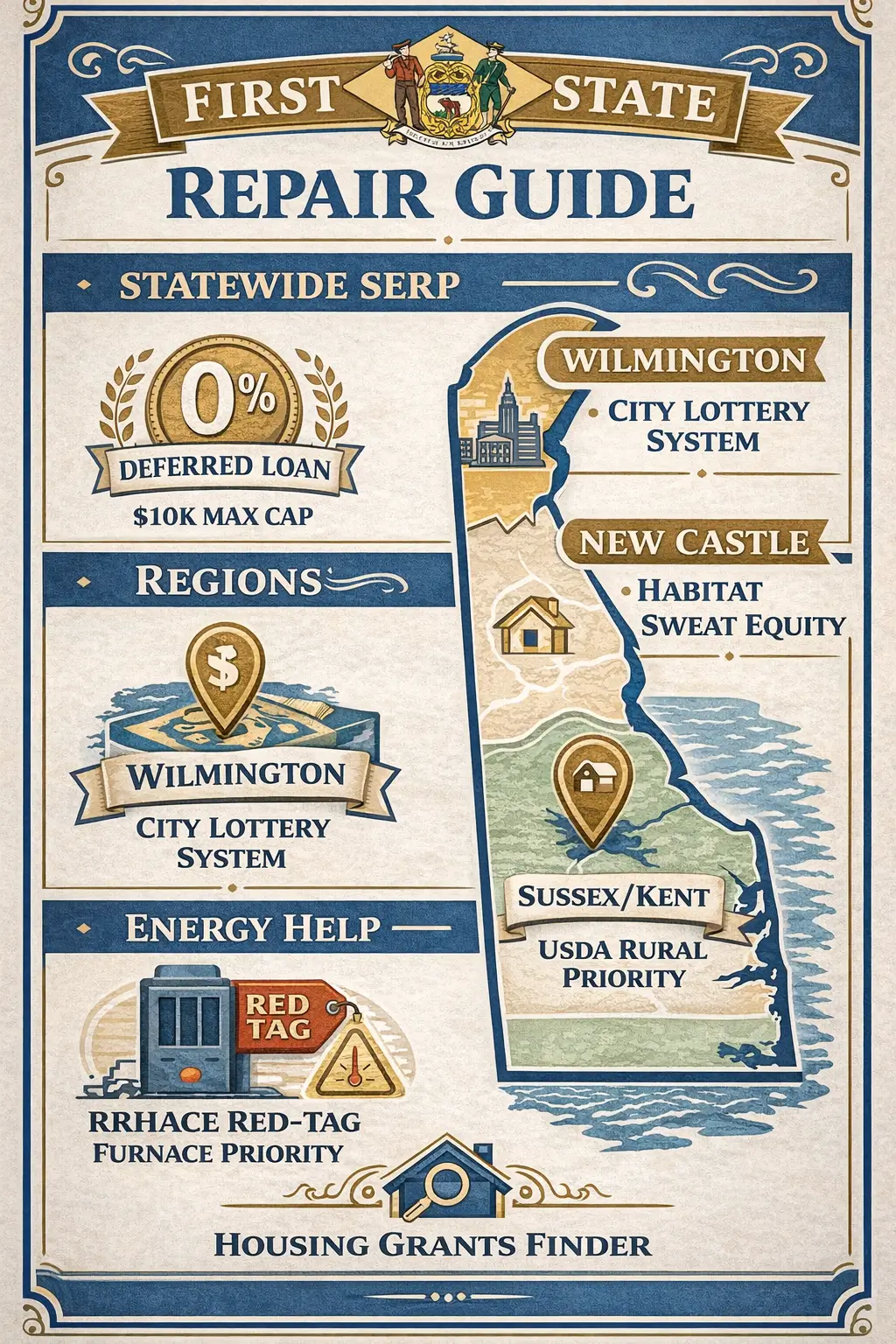 Delaware repair guide infographic showing SERP loan, regional housing programs, and energy assistance options 2026