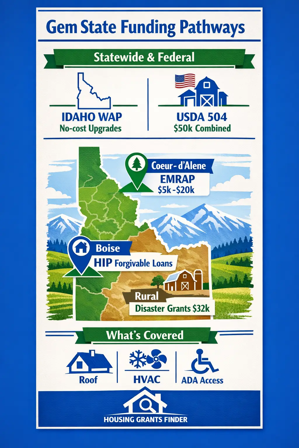 Idaho home repair grants infographic showing WAP USDA 504 Boise HIP EMRAP and rural disaster funding pathways