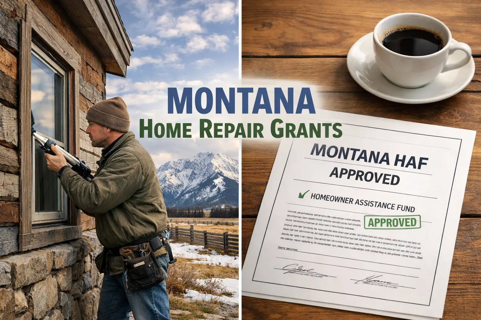 Contractor sealing windows on a Montana home with mountains in background and Montana HAF approved document on table