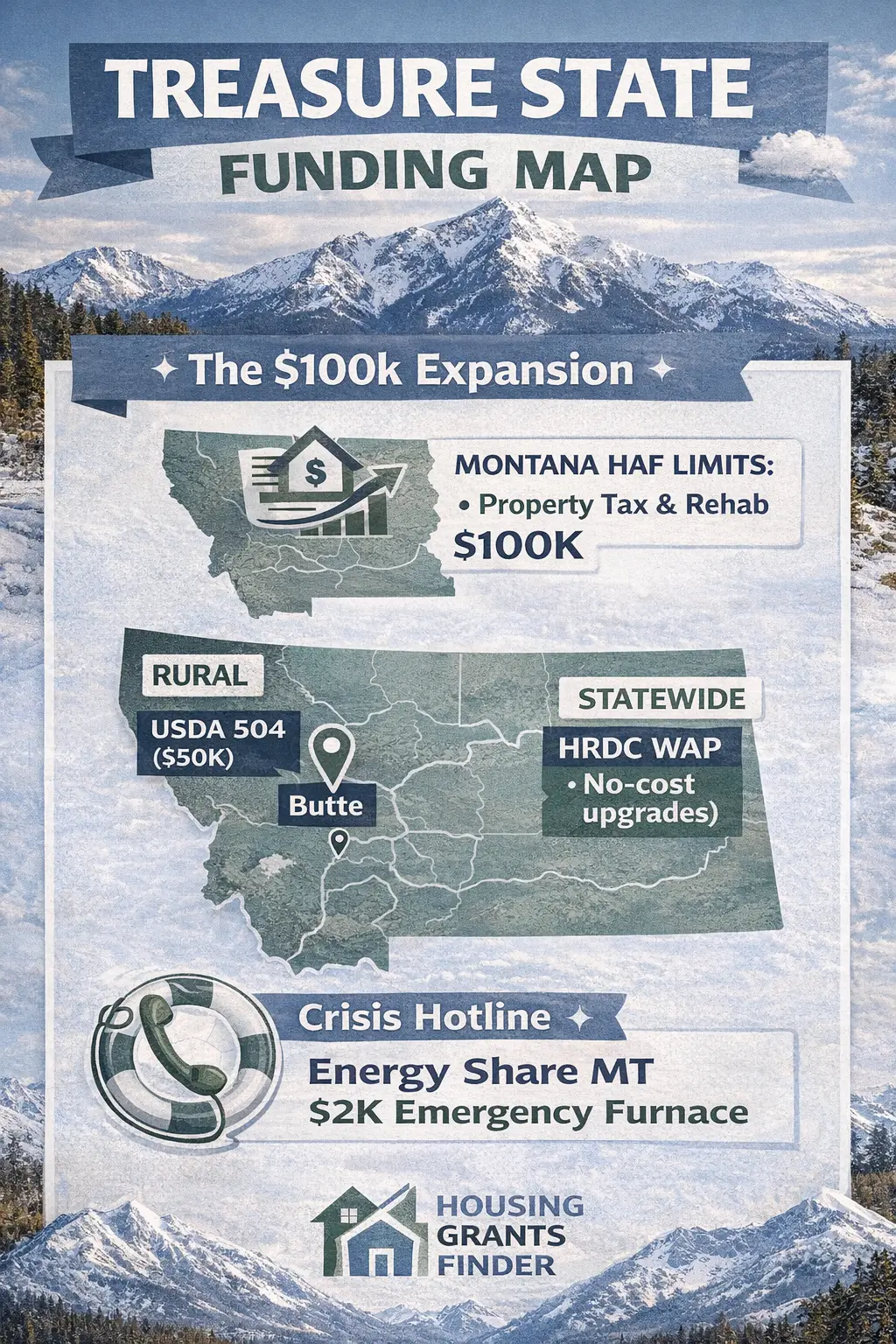 Montana funding map infographic showing USDA 504, HRDC WAP, HAF grants and Energy Share emergency furnace assistance