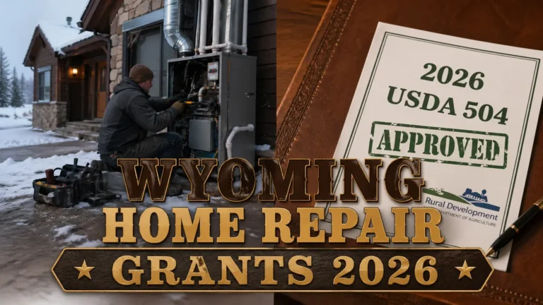 Contractor replacing furnace at snowy Wyoming home beside USDA 504 approved document for 2026 home repair grants