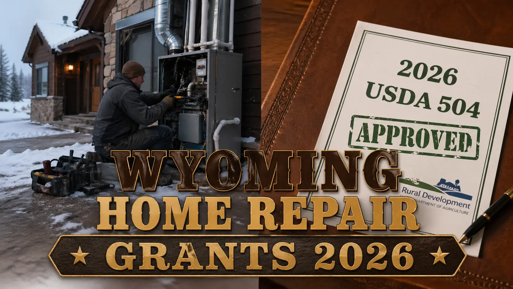 Contractor replacing furnace at snowy Wyoming home beside USDA 504 approved document for 2026 home repair grants