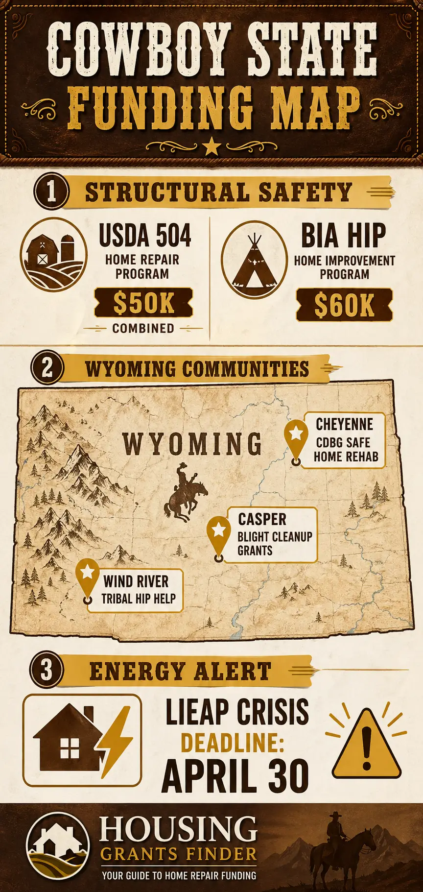 Wyoming housing grants infographic map showing USDA 504, BIA HIP, city rehab programs and LIEAP deadline April 30