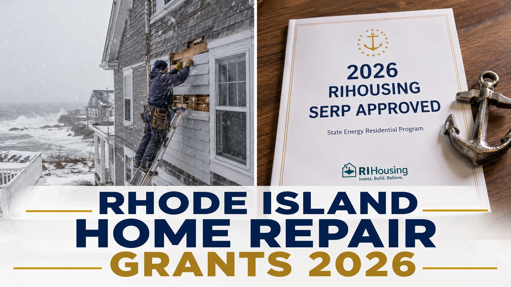 Contractor repairing a Rhode Island coastal home during winter beside a RIHousing SERP approved grant document for 2026 home repair funding.