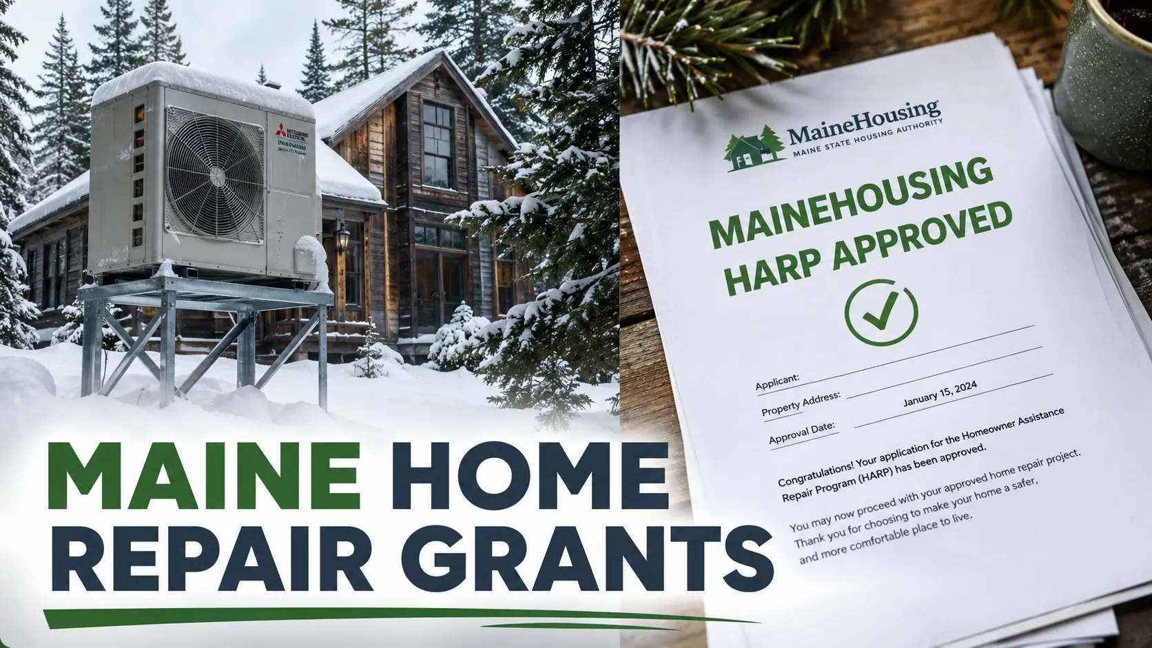 Maine Home Repair Grants: Get Up To $35k For Roofs & Pumps 1 Split-screen image of a snowy Maine farmhouse with a heat pump mounted on a snow stand beside a MaineHousing HARP approved document illustrating Maine home repair grants and housing assistance programs.