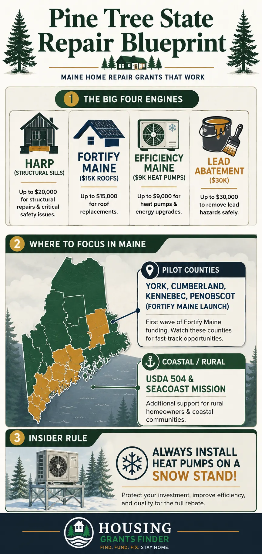 Maine Home Repair Grants: Get Up To $35k For Roofs & Pumps 2 Vertical infographic titled Pine Tree State Repair Blueprint showing Maine home repair grants, HARP, Fortify Maine, Efficiency Maine, Lead Abatement funding, pilot counties map, USDA Section 504 programs, and the recommendation to install heat pumps on snow stands.