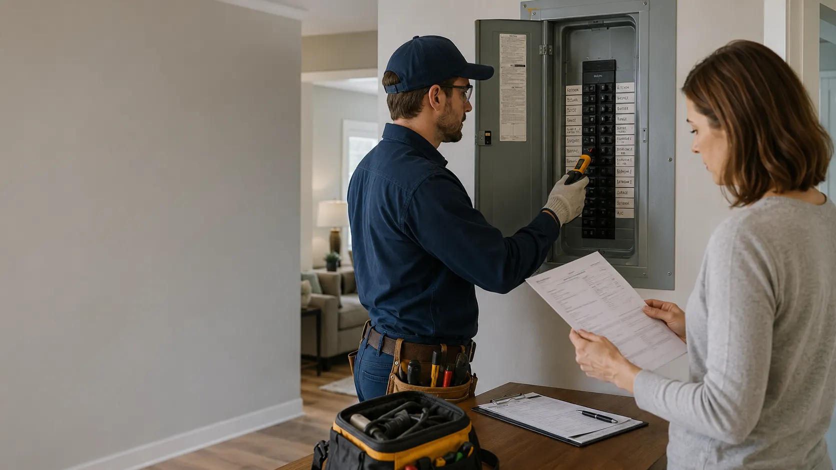 Electrician inspecting a residential breaker panel while a homeowner reviews repair assistance documents