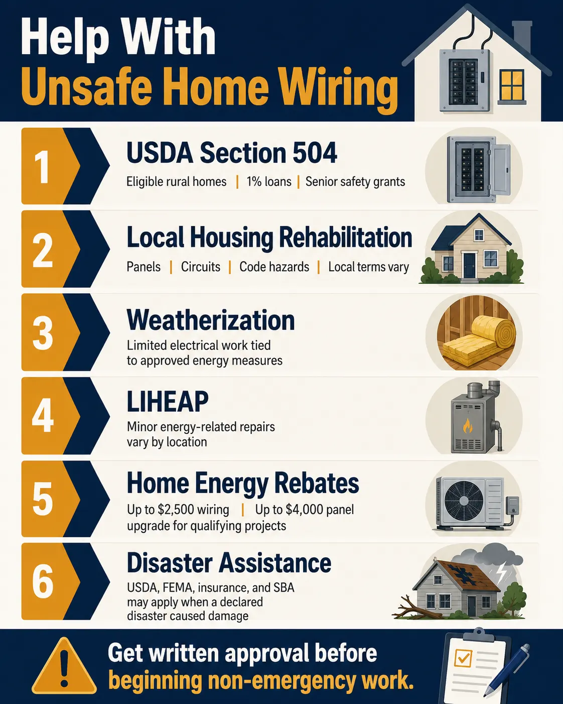 Infographic comparing USDA, local rehabilitation, Weatherization, LIHEAP, rebates, and disaster electrical repair help