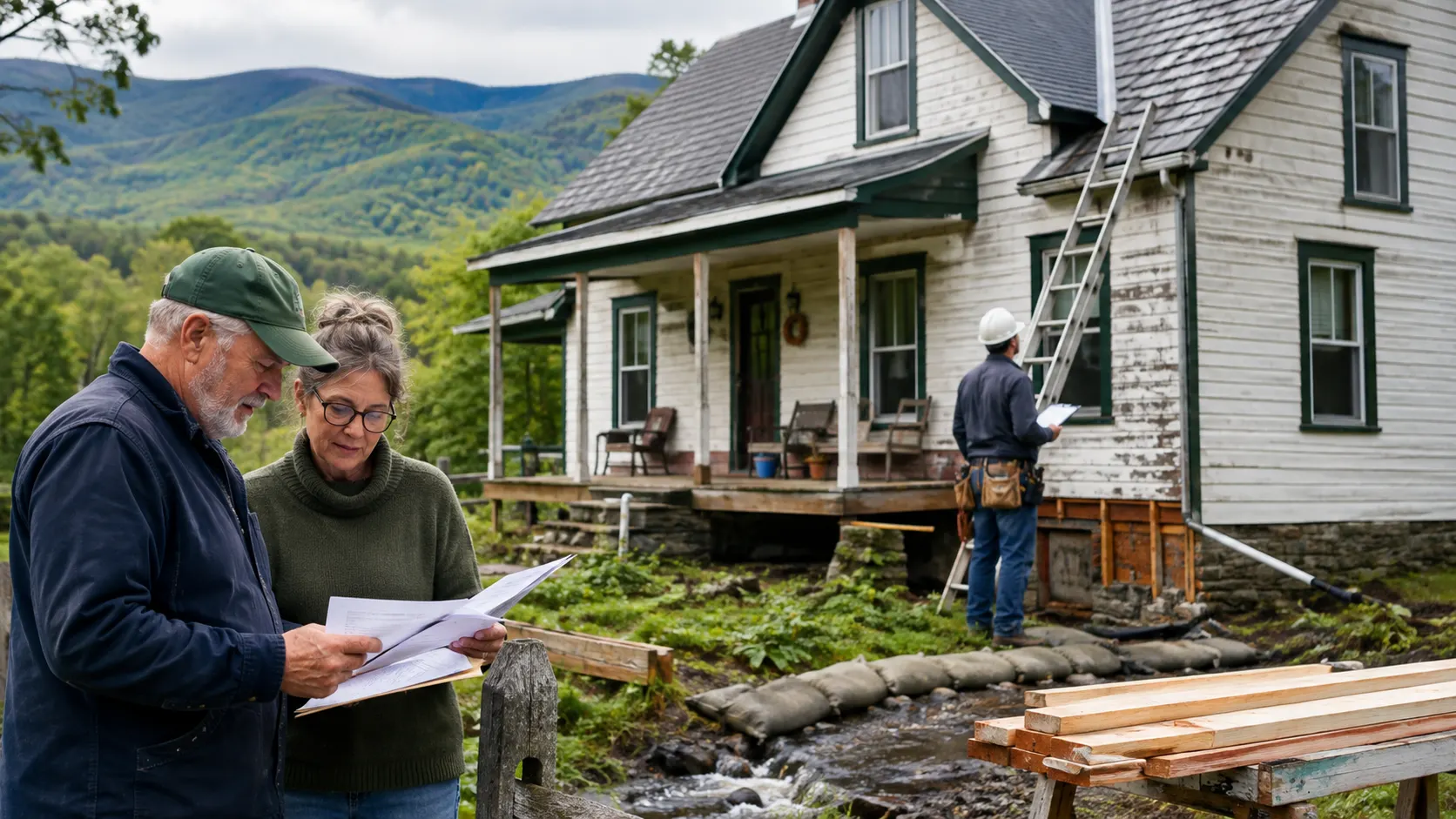 Vermont homeowner reviewing repair assistance options beside an older New England home